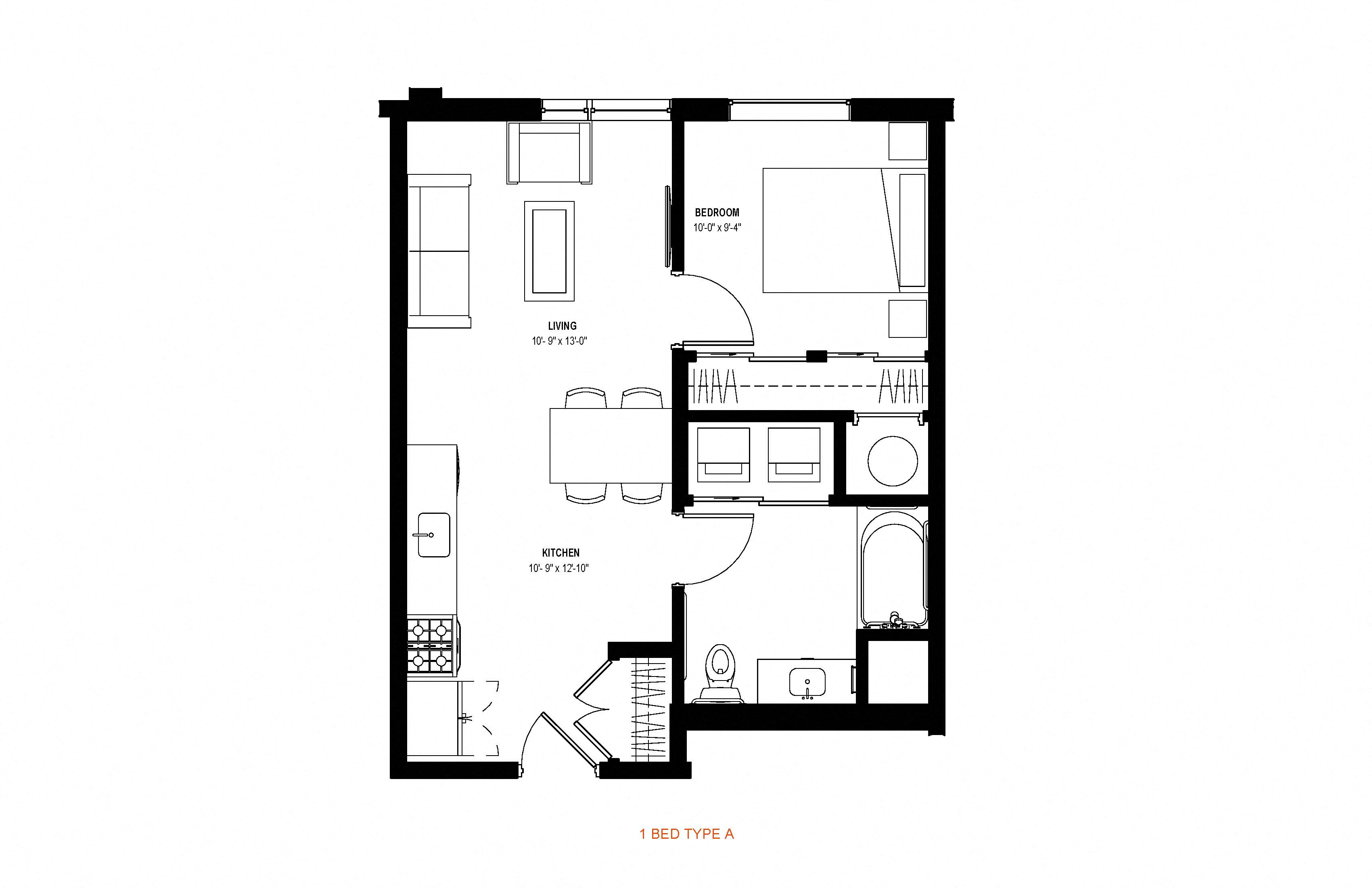 Floor plan for 1 bed, 1 bath, 568 sqft